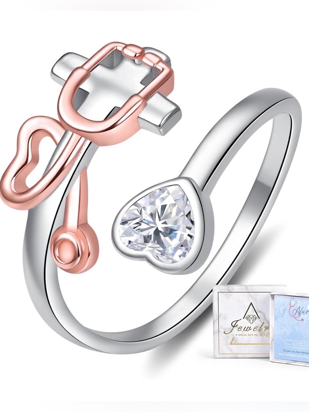 Sterling Silver Heart Stethoscope Nurse Ring - Rose Gold & Silver